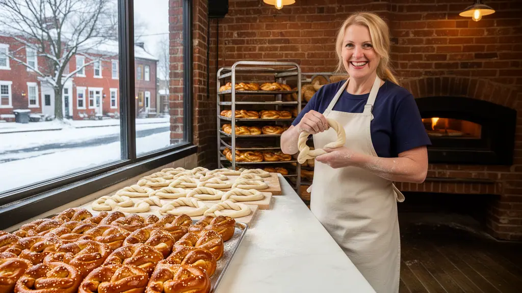 A smiling pretzel baker twisting dough at a long floured table with trays of golden soft pretzels and a brick oven.